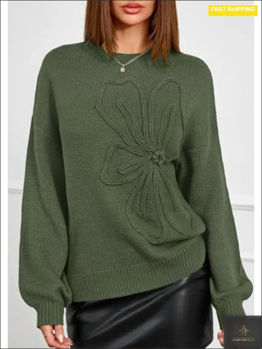 Oversized Floral Knit Pullover Sweater Long Lantern Sleeve Crewneck